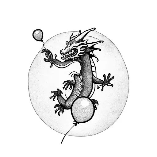 happy dragon holding a balloon tattoo design idea