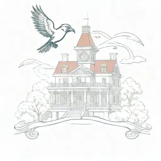 A creative design of the Disney Haunted Mansion with a cardinal flying above it tattoo design idea
