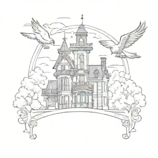 A creative design of the Disney Haunted Mansion with a cardinal flying above it tattoo design idea