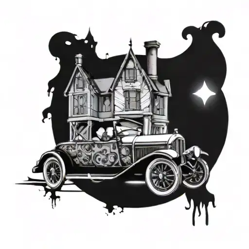 A 32 roadster speeding through a haunted mansion from Disney tattoo design idea