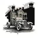 A 32 roadster speeding through a haunted mansion from Disney tattoo design idea