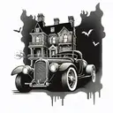 A 32 roadster speeding through a haunted mansion from Disney tattoo design idea