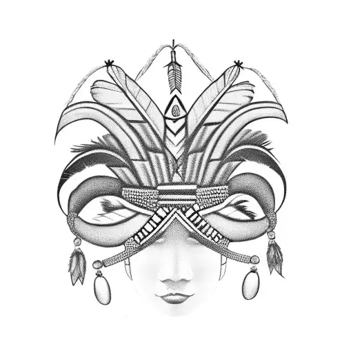 indigenous feather crown held with two female hands facing inward  holding dangling jewelry  tattoo design idea