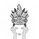 indigenous feather crown held with two hands facing inward by woman holding jewelry  tattoo design idea
