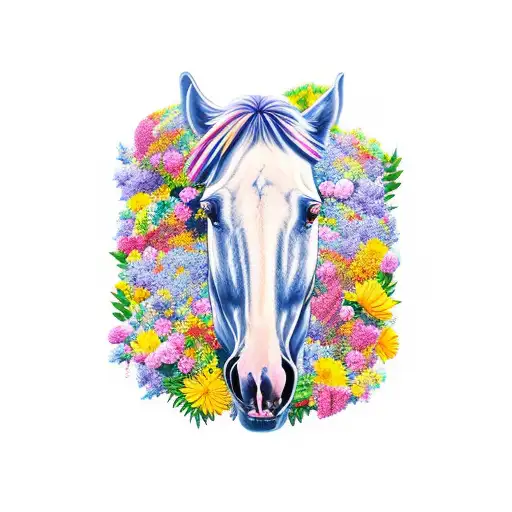 A fierce and majestic horse surrounded by a bed of colorful flowers and skulls tattoo design idea