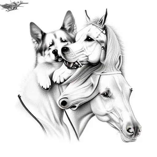 A realistic portrait of your favorite dog and horse together, symbolizing the bond between animals and humans tattoo design idea