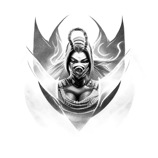 mortal Kombat style, famele face, mileena, face with sharp teeth, big breast, sexy smile tattoo design idea