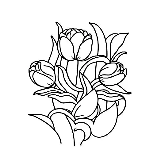 A minimalist design of a tulip flower forming the number 25, with a small cat sitting atop it tattoo design idea