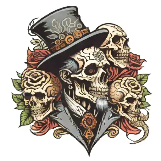 papa Legba holding a boa snake surrounded by skulls and roses tattoo design idea