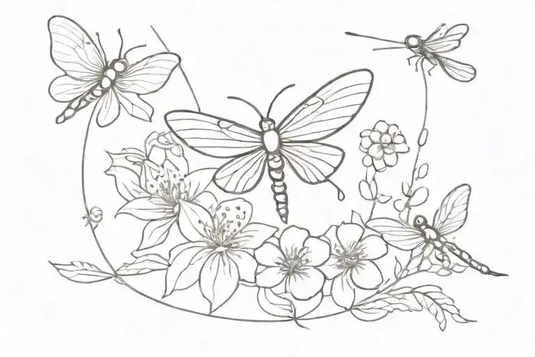 small flowers butterfly, dragonfly, bee, hummingbird flying tattoo design idea