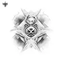 ojo dentro de triángulo, encima del triángulo representación del cielo cristiano, debajo del triángulo el infierno tattoo design idea