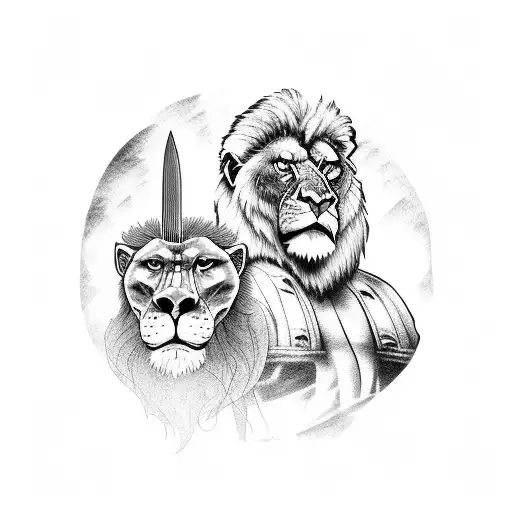 A lion and gorilla facing each other with swords crossed in the background tattoo design idea