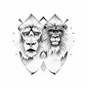 A lion and gorilla facing each other with swords crossed in the background tattoo design idea