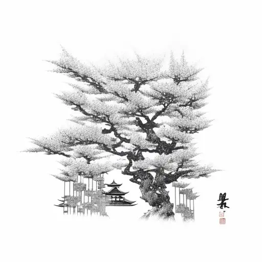 Abstract interpretation of a Japanese temple with clouds and blossoms tattoo design idea