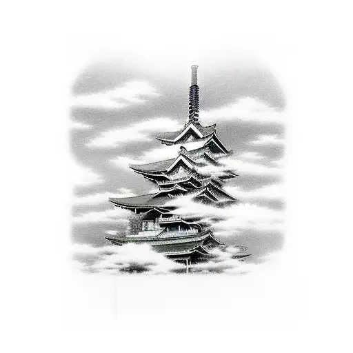 Abstract interpretation of a Japanese temple with clouds and blossoms tattoo design idea