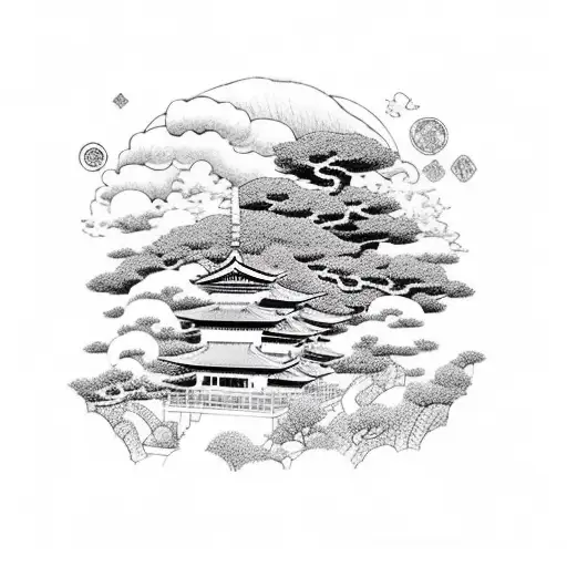 Whimsical scene of a Japanese temple with clouds and blossoms in a dream-like setting tattoo design idea