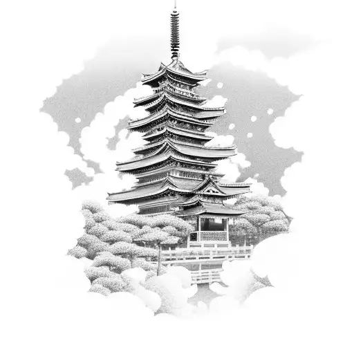 Blossoms cascading down from a Japanese temple under a sky full of clouds tattoo design idea