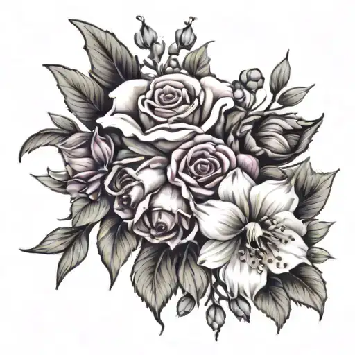 violet, rose, Lily of the valley, poppy bouquet tattoo design idea
