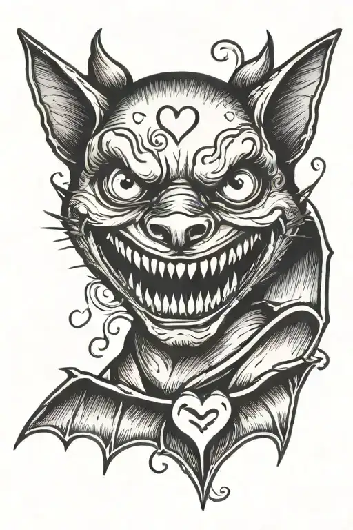 bat face with teeth and hearts tattoo design idea
