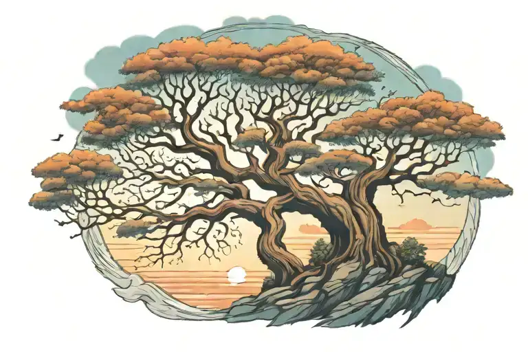 tree of life in the middle of a Cliff centered with a surreal sky behind   tattoo design idea