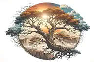 tree of life in the middle of a Cliff centered with a surreal sky behind   tattoo design idea