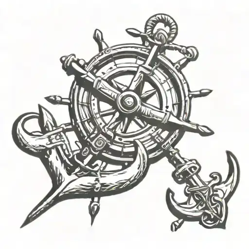 An anchor entwined with a compass rose and a ship's wheel tattoo design idea