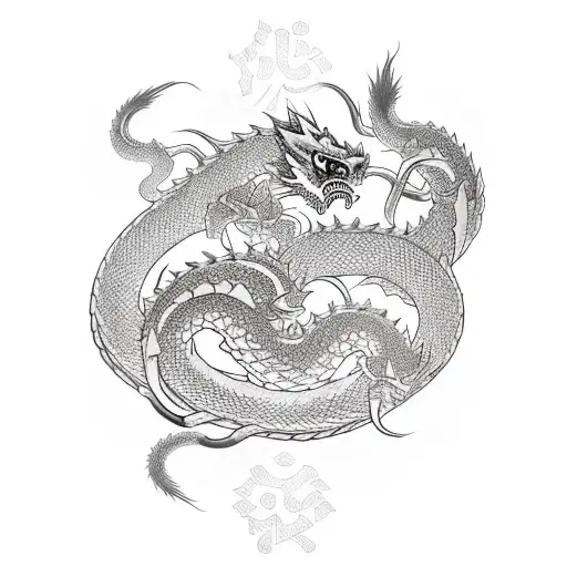 intertwined double dragon with cherry blossoms and the word strength  tattoo design idea