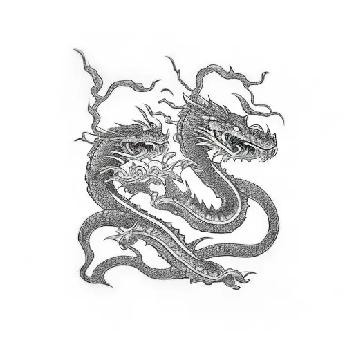 intertwined double dragon with cherry blossoms an the word strength  tattoo design idea