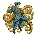 Soldier and octopus in a dynamic battle pose, with gold and blue accents highlighting their strength and agility tattoo design idea