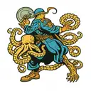 Soldier and octopus in a dynamic battle pose, with gold and blue accents highlighting their strength and agility tattoo design idea