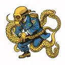 Soldier and octopus in a dynamic battle pose, with gold and blue accents highlighting their strength and agility tattoo design idea