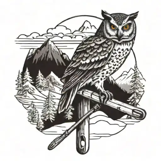 A tattoo featuring an owl perched on a ski pole with a backdrop of snow-covered mountains tattoo design idea