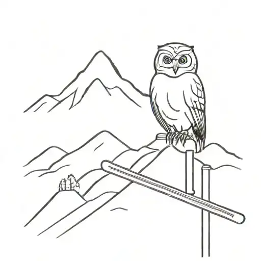 A tattoo featuring an owl perched on a ski pole with a backdrop of snow-covered mountains tattoo design idea