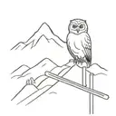 A tattoo featuring an owl perched on a ski pole with a backdrop of snow-covered mountains tattoo design idea