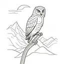 A tattoo featuring an owl perched on a ski pole with a backdrop of snow-covered mountains tattoo design idea