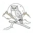 A tattoo featuring an owl perched on a ski pole with a backdrop of snow-covered mountains tattoo design idea