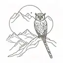 A tattoo featuring an owl perched on a ski pole with a backdrop of snow-covered mountains tattoo design idea