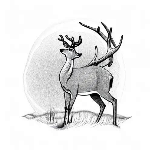 A majestic deer standing on a sandy beach, with a sun setting behind it tattoo design idea