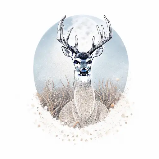 A majestic deer standing on a sandy beach, with a sun setting behind it tattoo design idea