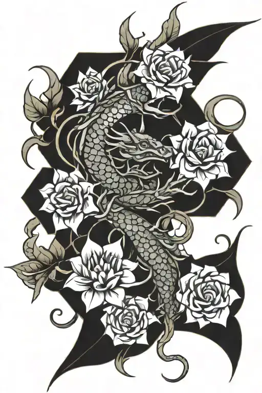 dragon flowers geometric  tattoo design idea