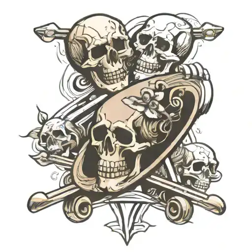 skate board and skulls facing each other tattoo design idea