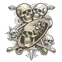 skate board and skulls facing each other tattoo design idea