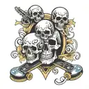 skate board and skulls facing each other tattoo design idea