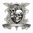 skate board and skulls facing each other tattoo design idea