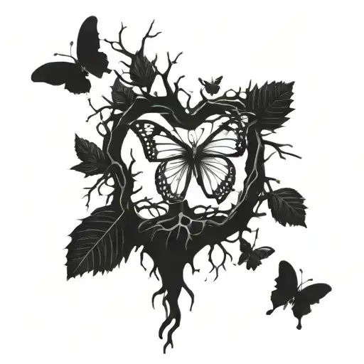 Dead tree with roots forming a heart and a butterfly perched on one of its branches. The drawing is all in black and whi tattoo design idea