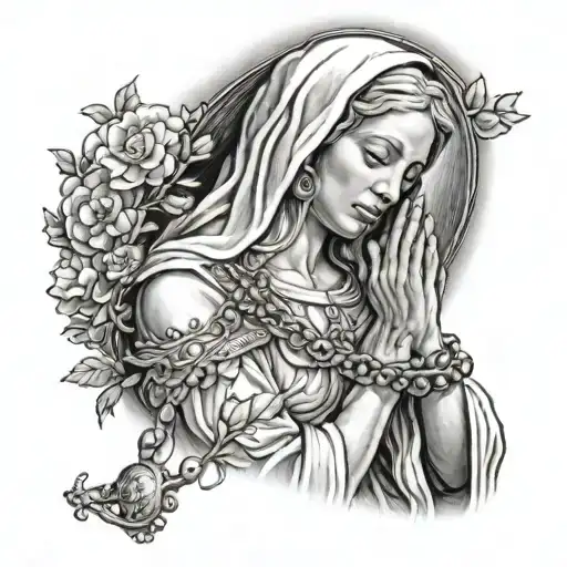 the virgin praying the rosary in her hand tattoo design idea