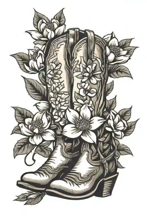 cowboy boots with magnolia flowers coming tattoo design idea