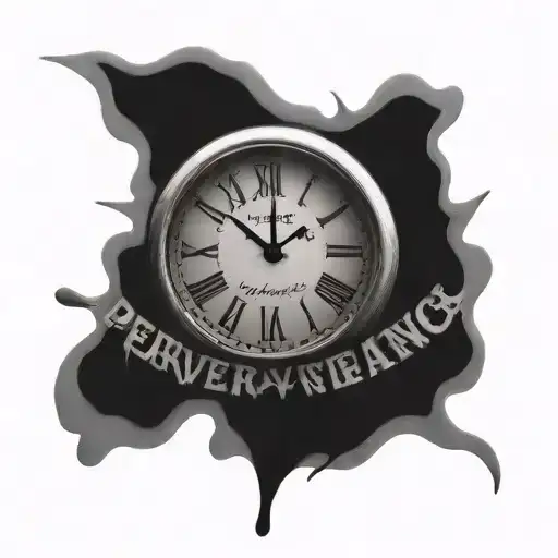 "perseverance" written with a clock melting tattoo design idea