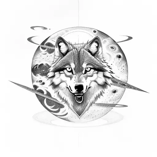 Wolf on an inverted triangle with planets and stars above its head tattoo design idea