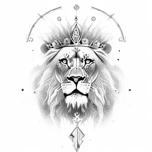 Design a powerful black and grey lion tattoo featuring intricate details, adorned with a majestic crown, and seamlessly  tattoo design idea